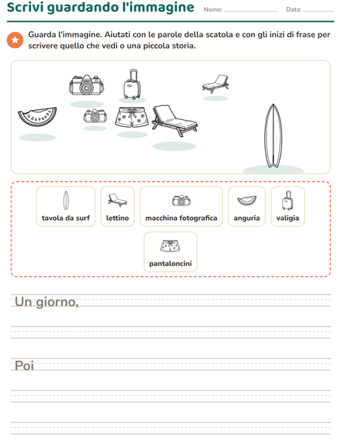 Anteprima della scheda di Produzione scritta con Spiaggia BN 2 per Scuola primaria classe seconda