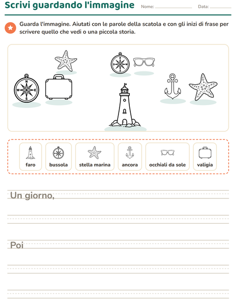 Anteprima della scheda di Produzione scritta con Spiaggia BN per Scuola primaria classe seconda