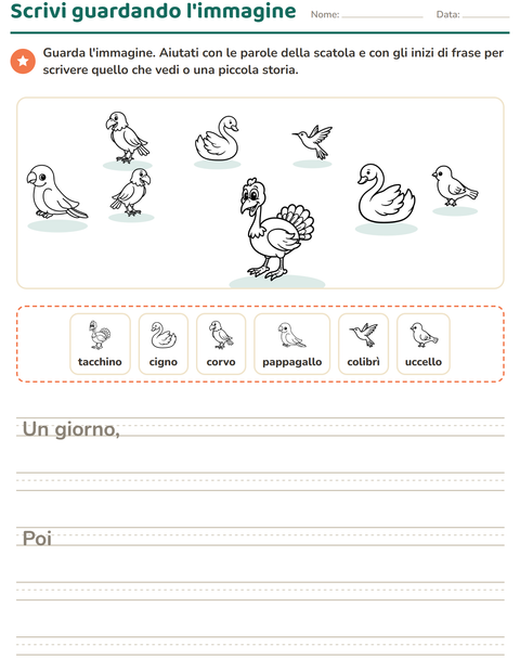 Anteprima della scheda di Produzione scritta con Uccelli B&N 2 per Scuola primaria classe seconda