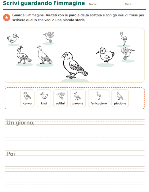Anteprima della scheda di Produzione scritta con Uccelli B&N per Scuola primaria classe seconda