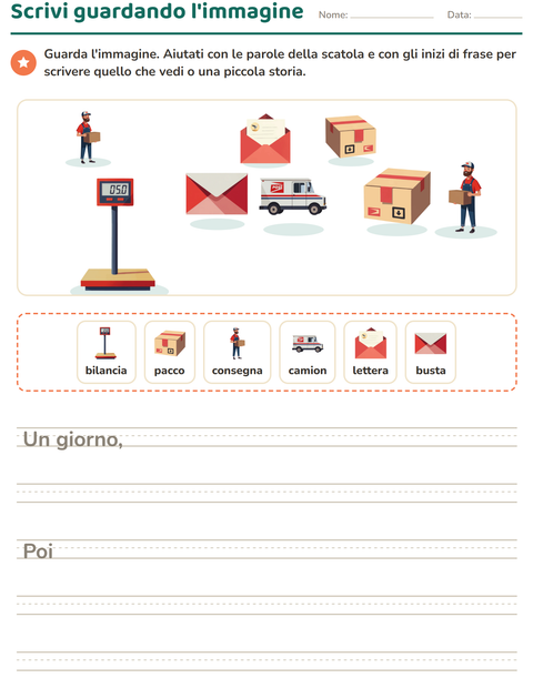 Anteprima della scheda di Produzione scritta con Ufficio postale per Scuola primaria classe seconda