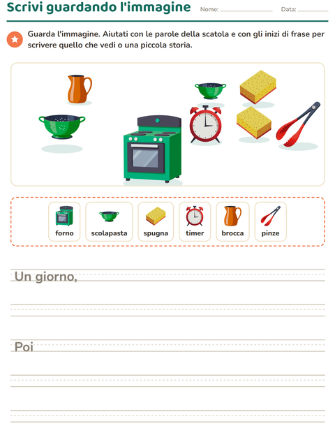 Anteprima della scheda di Produzione scritta con Utensili da cucina per Scuola primaria classe seconda