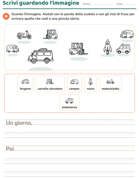 Anteprima della scheda di Produzione scritta con Veicoli BN 3 per Scuola primaria classe seconda
