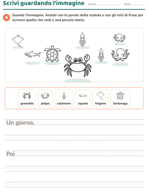 Anteprima della scheda di Produzione scritta con Vita marina BN per Scuola primaria classe seconda