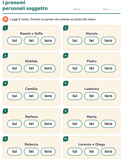 Anteprima della scheda di Pronomi personali soggetto per Scuola primaria classe prima