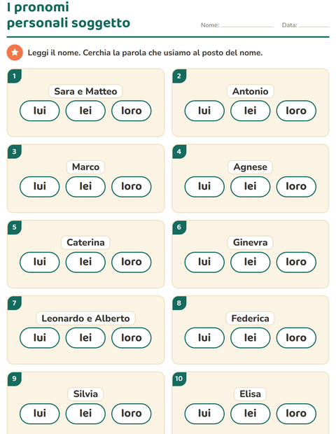 Anteprima della scheda di Pronomi personali soggetto per Scuola primaria classe prima