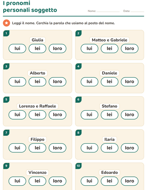 Anteprima della scheda di Pronomi personali soggetto per Scuola primaria classe prima