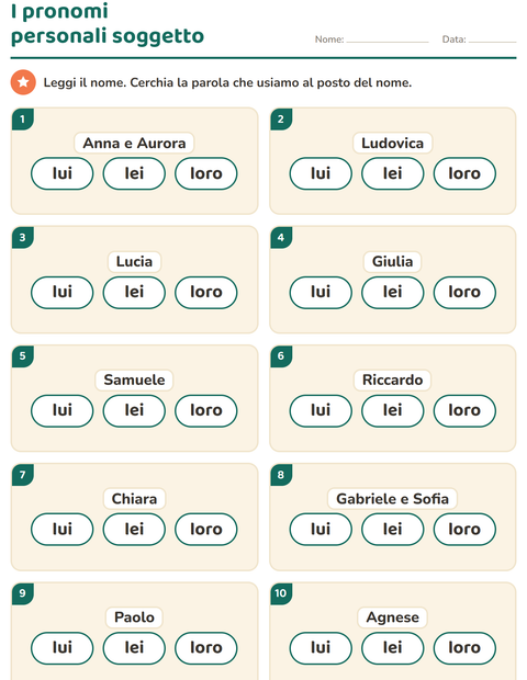 Anteprima della scheda di Pronomi personali soggetto per Scuola primaria classe prima