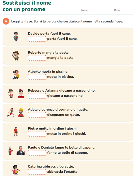 Anteprima della scheda di Pronomi personali soggetto per Scuola primaria classe prima