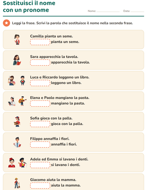 Anteprima della scheda di Pronomi personali soggetto per Scuola primaria classe prima