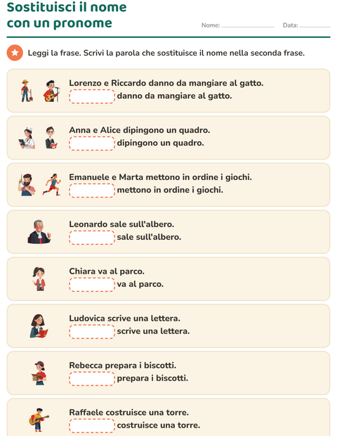 Anteprima della scheda di Pronomi personali soggetto per Scuola primaria classe prima
