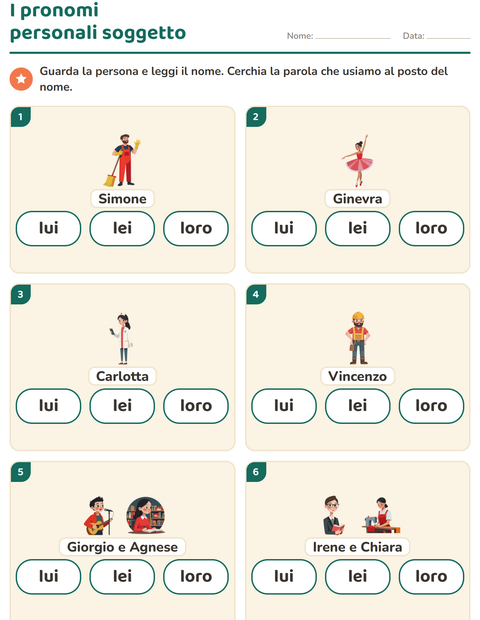 Anteprima della scheda di Pronomi personali soggetto per Scuola primaria classe prima
