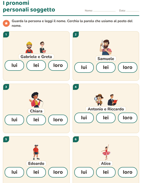 Anteprima della scheda di Pronomi personali soggetto per Scuola primaria classe prima