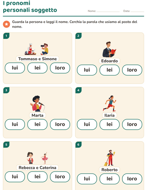 Anteprima della scheda di Pronomi personali soggetto per Scuola primaria classe prima