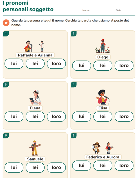 Anteprima della scheda di Pronomi personali soggetto per Scuola primaria classe prima