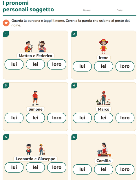 Anteprima della scheda di Pronomi personali soggetto per Scuola primaria classe prima