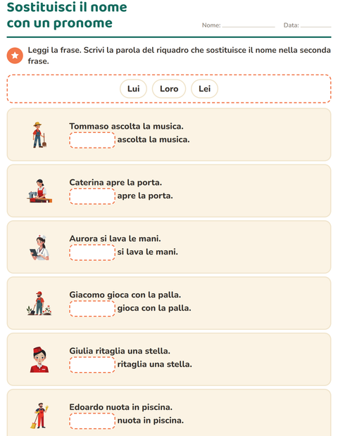 Anteprima della scheda di Pronomi personali soggetto per Scuola primaria classe prima