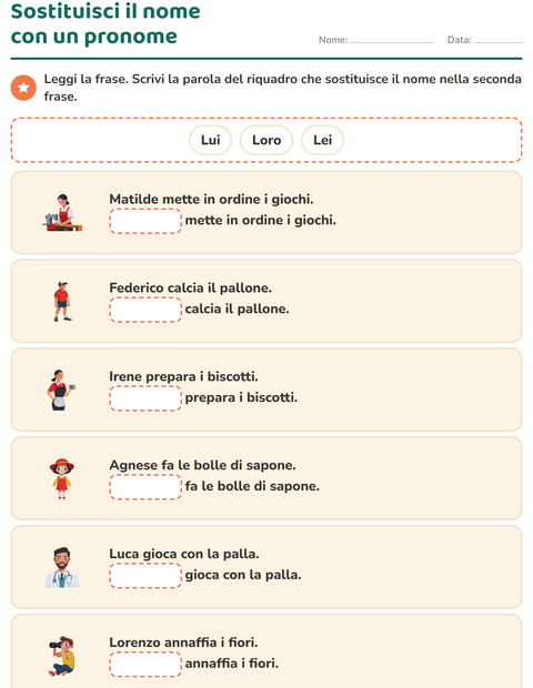 Anteprima della scheda di Pronomi personali soggetto per Scuola primaria classe prima