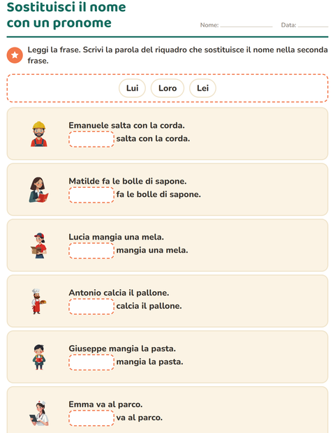 Anteprima della scheda di Pronomi personali soggetto per Scuola primaria classe prima