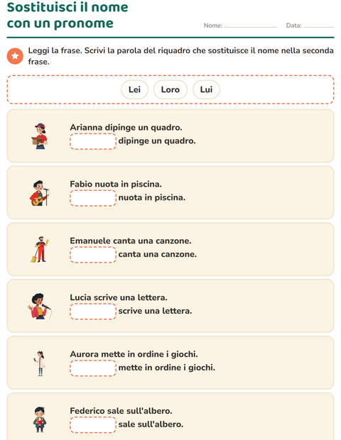 Anteprima della scheda di Pronomi personali soggetto per Scuola primaria classe prima