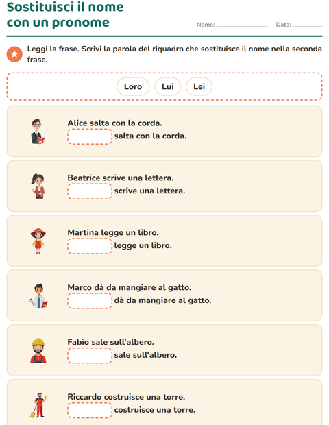 Anteprima della scheda di Pronomi personali soggetto per Scuola primaria classe prima