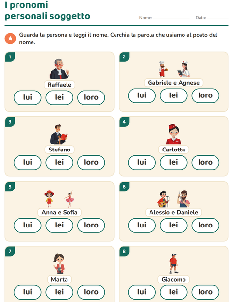 Anteprima della scheda di Pronomi personali soggetto per Scuola primaria classe prima