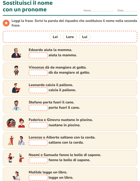 Anteprima della scheda di Pronomi personali soggetto per Scuola primaria classe prima
