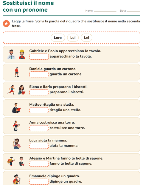 Anteprima della scheda di Pronomi personali soggetto per Scuola primaria classe prima