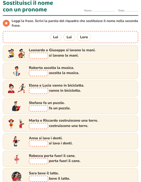 Anteprima della scheda di Pronomi personali soggetto per Scuola primaria classe prima