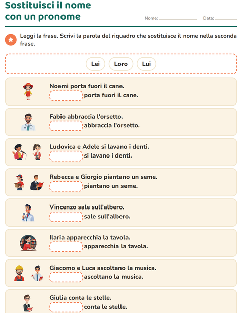 Anteprima della scheda di Pronomi personali soggetto per Scuola primaria classe prima