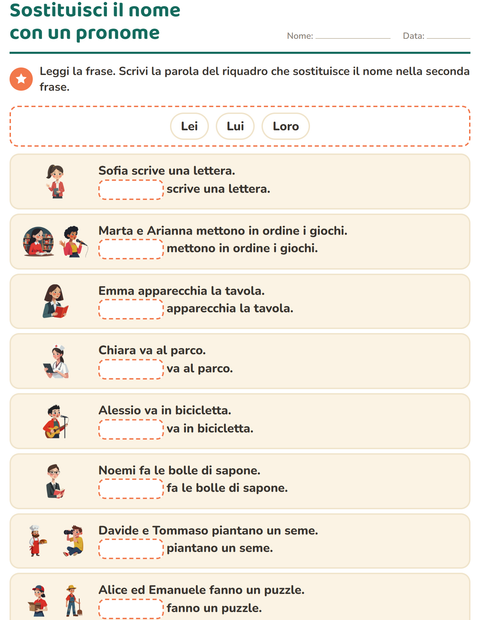 Anteprima della scheda di Pronomi personali soggetto per Scuola primaria classe prima