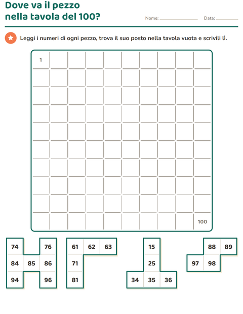 Anteprima della scheda di Puzzle della tavola del 100 per Scuola primaria classe prima