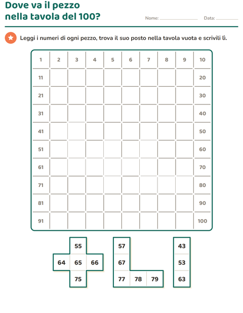 Anteprima della scheda di Puzzle della tavola del 100 per Scuola primaria classe prima