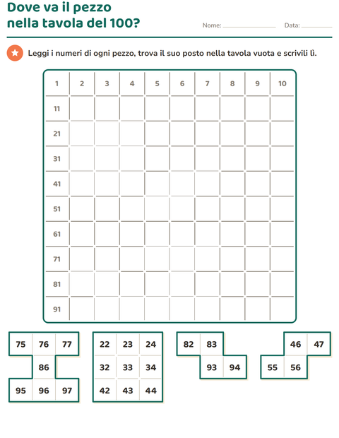 Anteprima della scheda di Puzzle della tavola del 100 per Scuola primaria classe prima