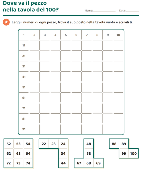 Anteprima della scheda di Puzzle della tavola del 100 per Scuola primaria classe prima