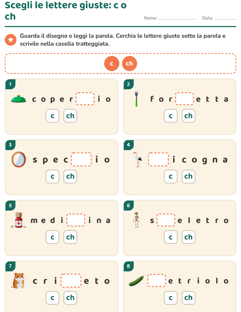 Scegli le lettere giuste: c o ch davanti alla vocale