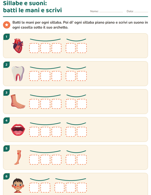 Anteprima della scheda di Scatole dei suoni con Parti del corpo per Scuola primaria classe prima