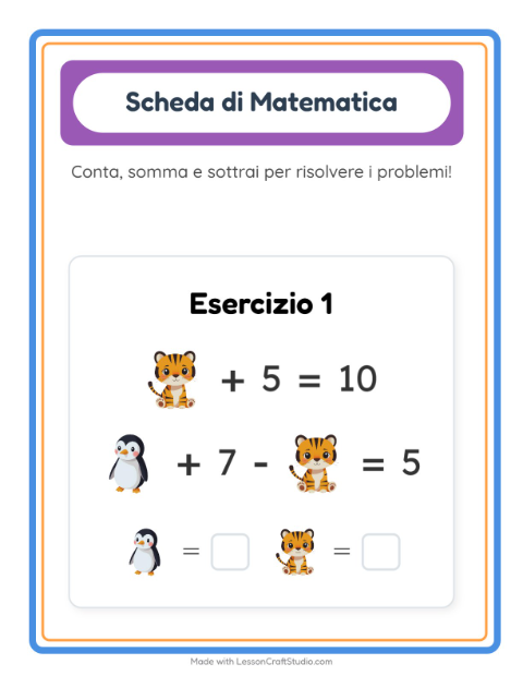Anteprima della scheda di Scheda Di Matematica con Animali per Scuola dell'infanzia (5-7 anni)