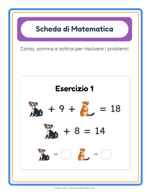 Anteprima della scheda di Scheda Di Matematica con Animali dello zoo per Scuola dell'infanzia (5-7 anni)