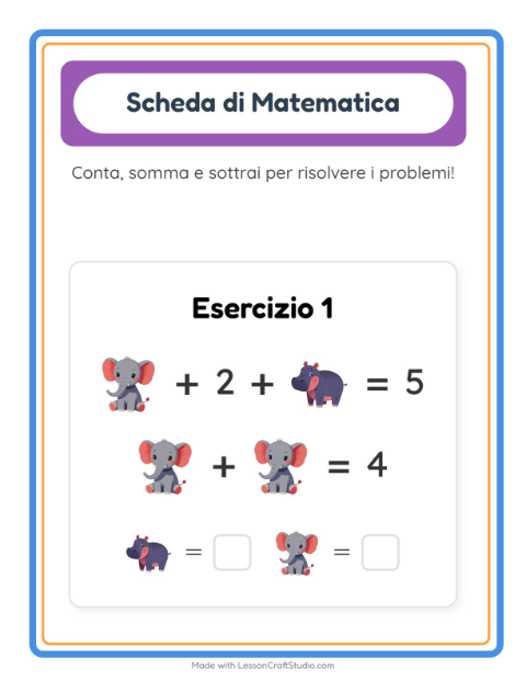 Anteprima della scheda di Scheda Di Matematica con Animali dello zoo per Scuola dell'infanzia (5-7 anni)