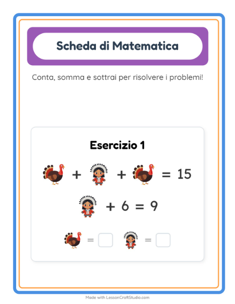 Anteprima della scheda di Scheda Di Matematica con Giorno del Ringraziamento per Scuola dell'infanzia (5-7 anni)