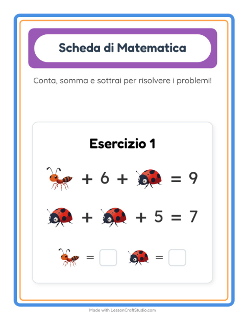 Anteprima della scheda di Scheda Di Matematica con Insetti e scarafaggi per Scuola dell'infanzia (5-7 anni)