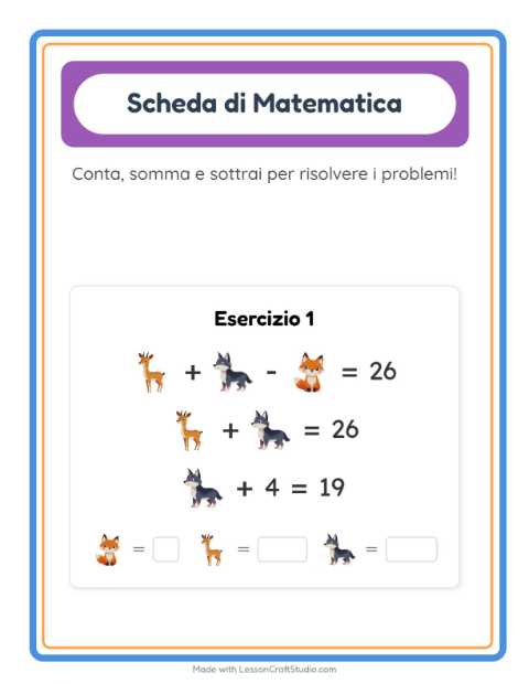 Anteprima della scheda di Scheda Di Matematica con Animali per Scuola dell'infanzia (5-7 anni)