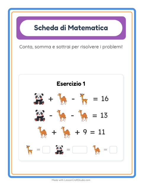 Anteprima della scheda di Scheda Di Matematica con Animali dello zoo per Scuola dell'infanzia (5-7 anni)