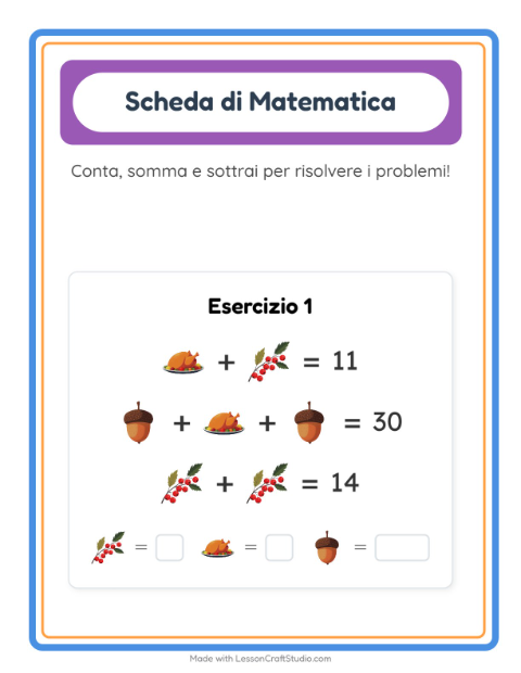 Anteprima della scheda di Scheda Di Matematica con Giorno del Ringraziamento per Scuola dell'infanzia (5-7 anni)