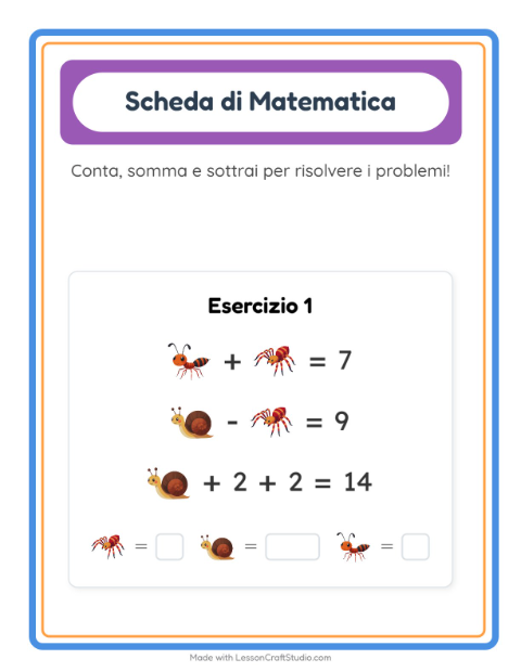 Anteprima della scheda di Scheda Di Matematica con Insetti e scarafaggi per Scuola dell'infanzia (5-7 anni)