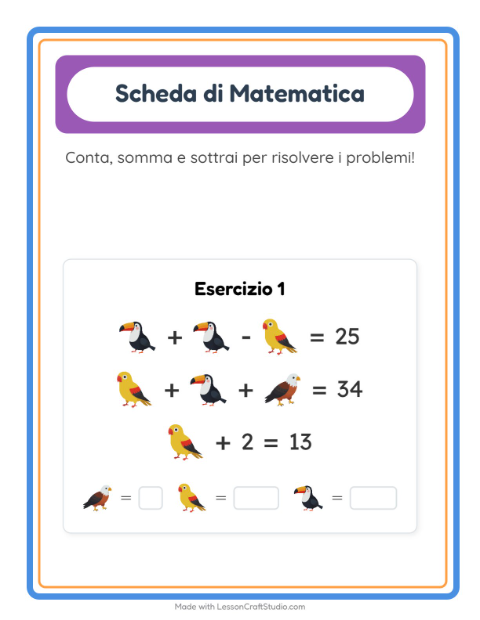 Anteprima della scheda di Scheda Di Matematica con Uccelli per Scuola dell'infanzia (5-7 anni)