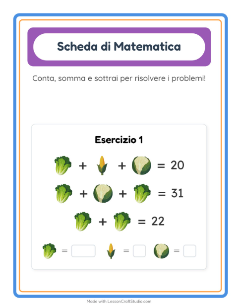 Anteprima della scheda di Scheda Di Matematica con Verdure per Scuola dell'infanzia (5-7 anni)
