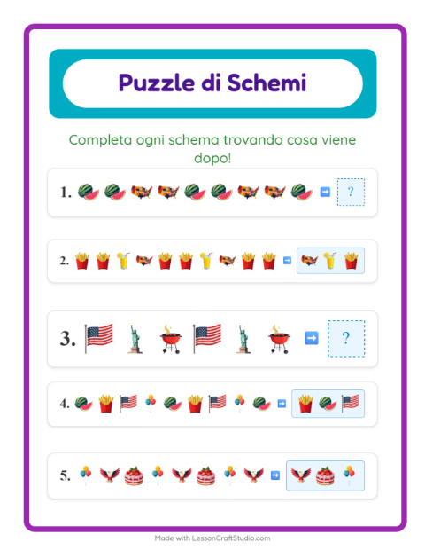 Anteprima della scheda di Scheda Di Modelli con 4 luglio per Scuola primaria classe prima