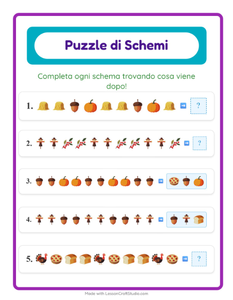 Anteprima della scheda di Scheda Di Modelli con Giorno del Ringraziamento per Scuola primaria classe prima